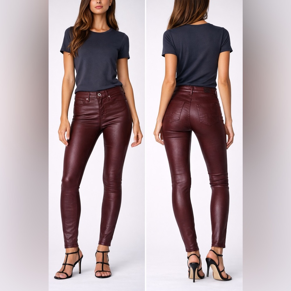 AG Farrah Skinny Ankle Coated Jeans Burgundy High Rise Leather Look Pants